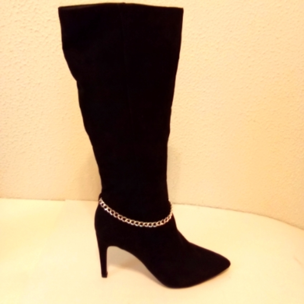 XOXO Black Faux Suede Zip Silver Chain Knee High 3 1/2" Heel Boots sz 7.5 M